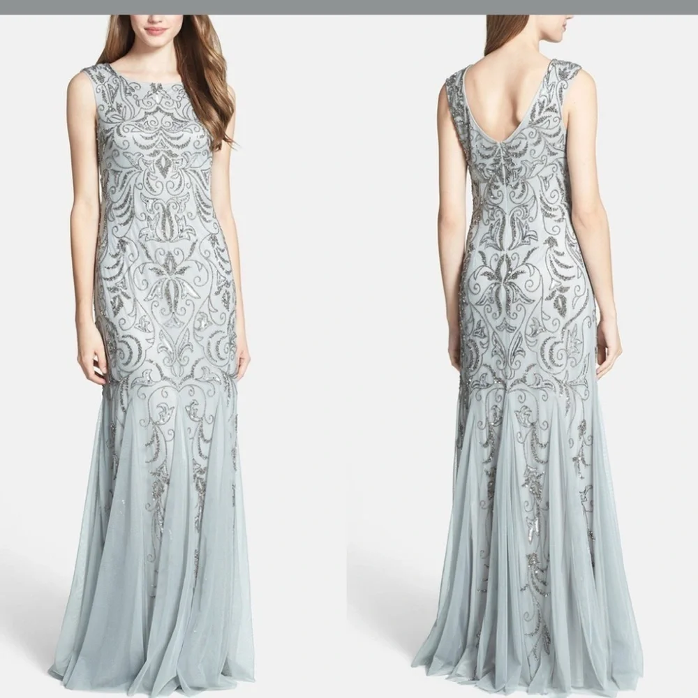 NWT Adrianna Papell Silver Gray Fully Beaded Embellished Mermaid Gown Size 10